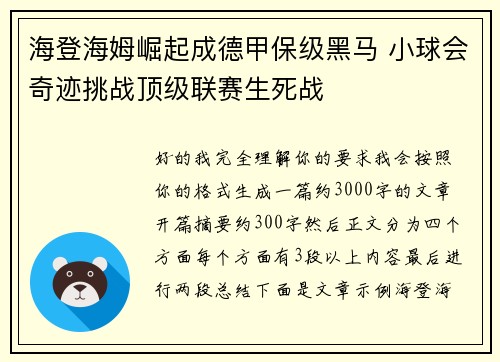 海登海姆崛起成德甲保级黑马 小球会奇迹挑战顶级联赛生死战 海登海姆崛起成德甲保级黑马 小球会奇迹挑战顶级联赛生死战